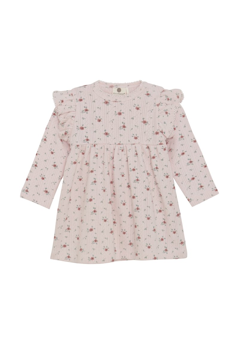 Roze lange jurk met lange mouwen, bloemenprint, ruches op de schouders, ronde hals en een geplooide rok. Zachte, gestructureerde stof, casual ontwerp.