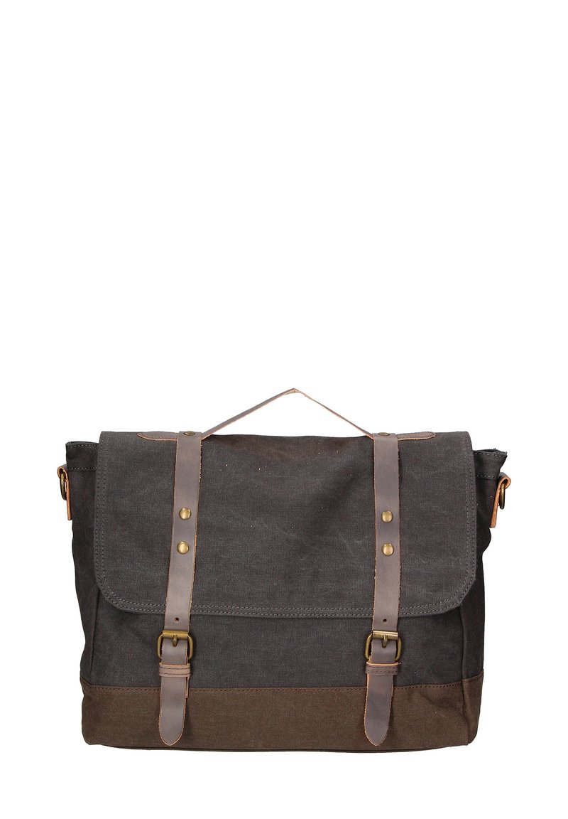 Borsa a tracolla in tela grigia scura con dettagli e cinturini in pelle marrone. Presenta una chiusura a pattina e accessori in metallo.