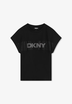 Schwarzes DKNY-T-Shirt mit glänzendem, mit Nieten besetztem Logo auf der Brust, lockerer Passform und kurzen Ärmeln, aus weichem Baumwollmaterial gefertigt.