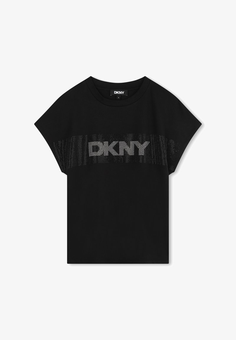 Schwarzes DKNY-T-Shirt mit glänzendem, mit Nieten besetztem Logo auf der Brust, lockerer Passform und kurzen Ärmeln, aus weichem Baumwollmaterial gefertigt.