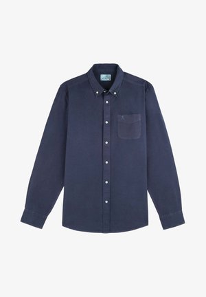 Navy blue long-sleeve button-up shirt with a front pocket and buttoned collar, displayed flat against a white background.
