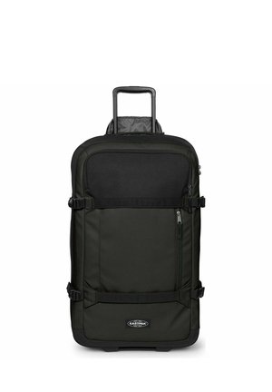 Schwarzer Rollkoffer mit Teleskopgriff, Fronttasche mit Reißverschluss, Kompressionsriemen und Eastpak-Logo auf dem unteren Frontpanel.
