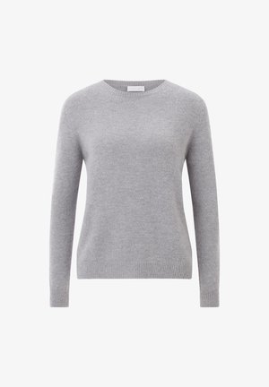 Harmaa neulepusero, jossa on pitkät hihat, pyöreä kaula-aukko, ribbaus helman ja hihansuiden kohdalla. Pehmeä pinta, tasainen väri, ei lisäkuvioita tai yksityiskohtia.