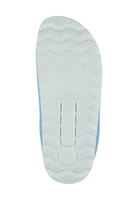 Light blue shoe sole made of rubber with a wavy textured pattern. Features embossed brand logo and size details on a white base.