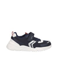 Navy mesh athletic shoe with white accents, a padded collar, strap closure, textured sole, and red pull tab on the heel.