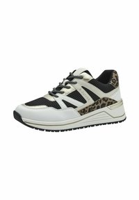 Scarpa atletica bianca e nera con dettagli in stampa leopardata, tomaia in rete e sintetico, design con lacci, suola testurizzata per una migliore aderenza.