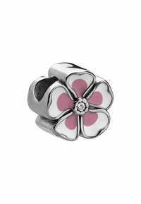 Silver flower charm with pink enamel accents and a central clear stone. Features five petals with a smooth metallic finish.