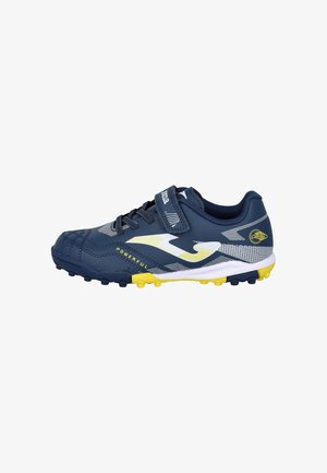 Botas infantiles en azul marino y amarillo con cierre de velcro, cordones, logo blanco y suela texturizada para deportes al aire libre.