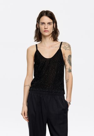 Top canotto nero senza maniche con scollatura a giro e spalline sottili, realizzato in un tessuto trasparente decorato con dettagli luccicanti.