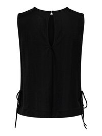 Black sleeveless blouse with a keyhole opening and button at the back neckline and side ties near the hem.