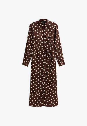 Brown, long-sleeve dress with white polka dots, two front pockets, a button-down design, and a tied waist belt. Smooth fabric texture.