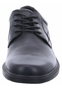 Chaussure habillée en cuir noir à lacets avec bout rond et tige texturée, présentée de l'angle frontal sur un fond blanc.