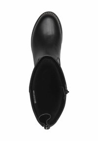 Black leather knee-high boot with a rounded toe, smooth texture, side zipper closure, and soft interior lining.