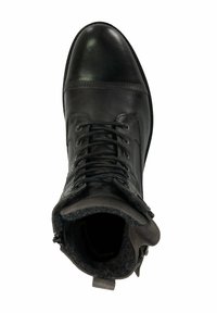 Black leather ankle boot with a rounded toe, lace-up design, and a soft grey inner lining. Features a zipper detail on the side.