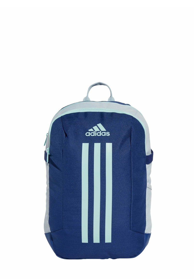 Námořnická modrá batoh s světle modrými akcenty, vybavený třemi vertikálními pruhy, zipovým uzávěrem a horním držadlem. Vyrobeno z odolného materiálu.