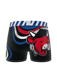 Boxers noirs avec un graphisme de vache rouge et blanche au dos, dotés d'une ceinture rayée bleue et blanche et de motifs courbés colorés.