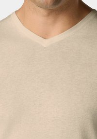 Hellbeige V-Ausschnitt-Pullover aus weichem Stoff, mit glatter Textur und einem subtilen Nahtdetail am Halsauschnitt.
