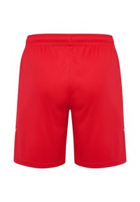 Røde atletiske shorts lavet af letvægtsstof. Har en elastisk talje og en glat tekstur uden synlige mønstre eller designs.