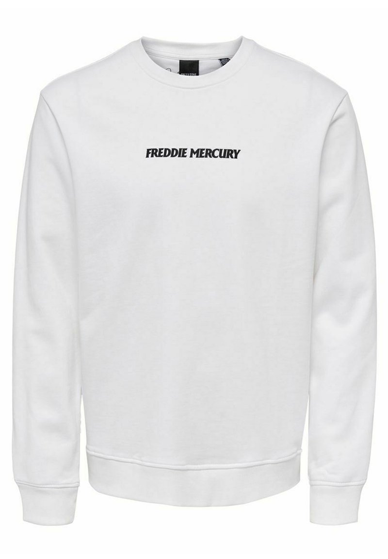 Sweat-shirt blanc à manches longues, col rond, avec le texte noir "FREDDIE MERCURY" imprimé sur la poitrine. Texture de tissu douce.