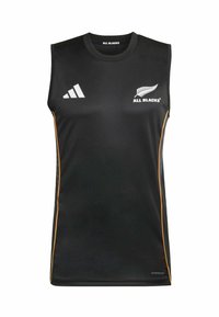 Svart ärmlös sporttröja med "All Blacks"-logotyp och vita Adidas-ränder, med en orange detalj längs sidorna. Tillverkad av fukttransporterande tyg.