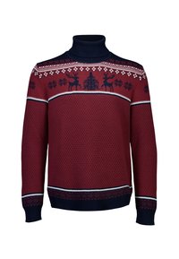 Czerwony sweter robiony na drutach z golfem. Posiada białe i granatowe wzory, w tym renifery i płatki śniegu, z ściągaczami przy mankietach i u dołu.
