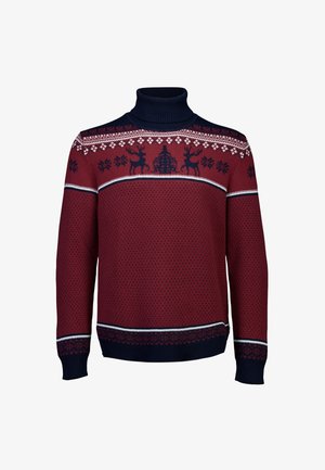 Czerwony sweter robiony na drutach z golfem. Posiada białe i granatowe wzory, w tym renifery i płatki śniegu, z ściągaczami przy mankietach i u dołu.