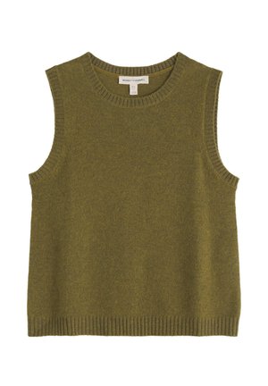 Chaleco de punto sin mangas color verde oliva con escote redondo y dobladillo acanalados, con etiqueta Seasalt Cornwall.