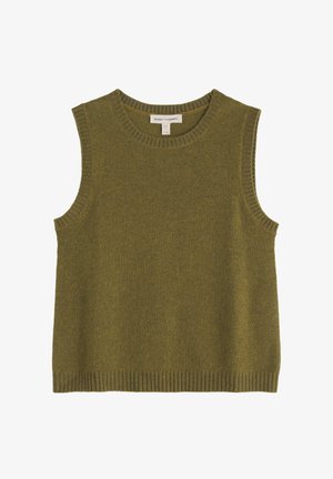 Olivengroene gebreide mouwloze trui met geribbelde ronde halslijn en zoom, gelabeld Seasalt Cornwall.