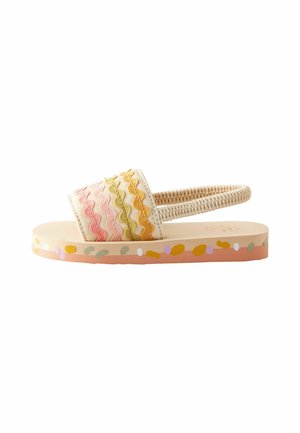 Beige toddlersandal med elastisk hælrem, farverige bølgede striber på forstykket og en flerfarvet plettet sål.