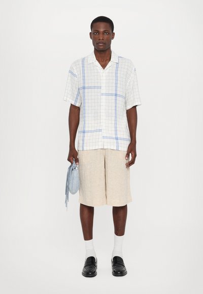 Chemise à manches courtes à carreaux avec des lignes bleues, associée à un short beige. L'individu tient un petit sac bleu texturé et porte des chaussures noires et des chaussettes blanches.