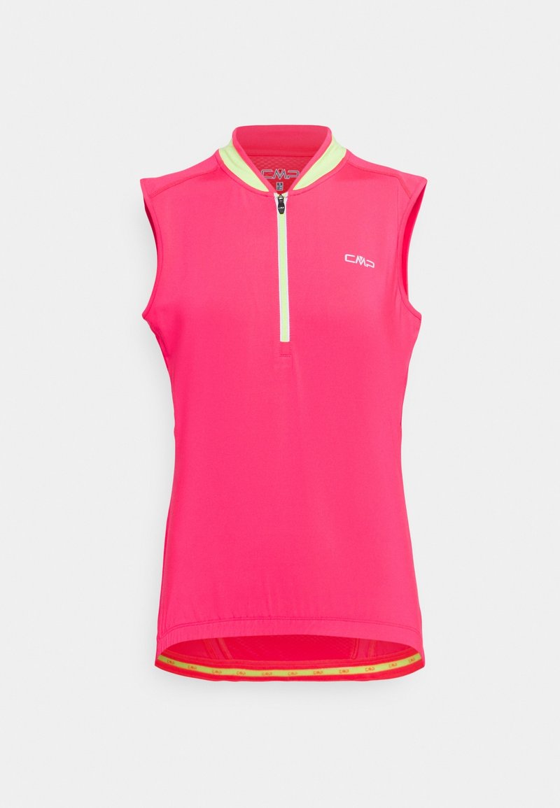 Haut de sport sans manches de couleur rose vif avec une encolure à demi-fermeture éclair, des accents jaune néon contrastants, et une coupe ajustée. Comprend un détail de logo.