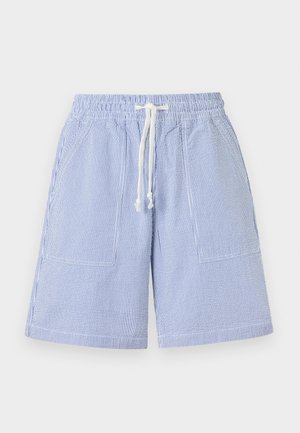 Lichtblauwe en witte shorts met verticale strepen, voorzien van een elastische tailleband en een witte trekkoord, met voorvakjes met klep.