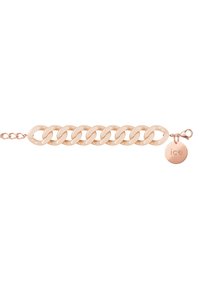 Bracelet en chaîne en or rose avec de grandes formes ovales entrelacées, un design texturé, et un petit pendentif rond portant la gravure "ice."
