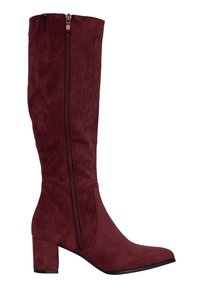 Botas burdeos hasta la rodilla, hechas de ante, con cremallera lateral, tacón rectangular, puntera afilada y textura suave.