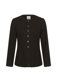 Veste marron foncé à manches longues avec six boutons noirs sur le devant et un col rond, coupe ajustée, sans col.