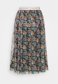 Czarna plisowana spódnica z wielobarwnym wzorem kwiatowym, elastyczny pas w kolorze beżowym z napisem "SNY SIĘ SPEŁNIAJĄ" napisanym dużymi literami.