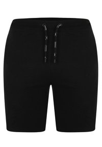 Shorts en tricot côtelé noir avec taille à cordon de serrage et cordon noir avec accents de texte blanc, vue de face sur fond blanc.