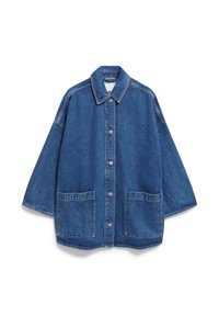 Denim jacket in medium blue, with a pointed collar, button front, two large pockets, wide sleeves, and contrast stitching on seams.