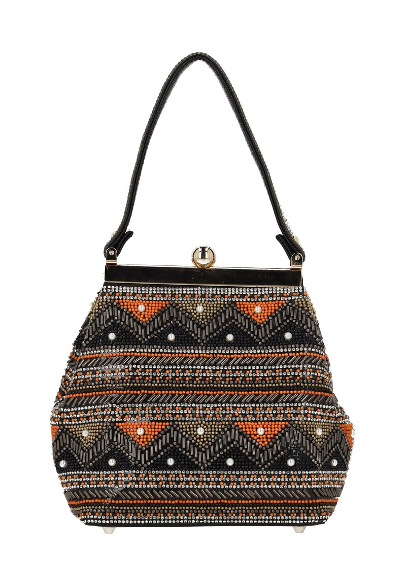Perlebesat håndtaske med et trekantet mønster i sort, orange og sølv med en guldlås og en enkelt skulderrem. Tekstureret overflade.