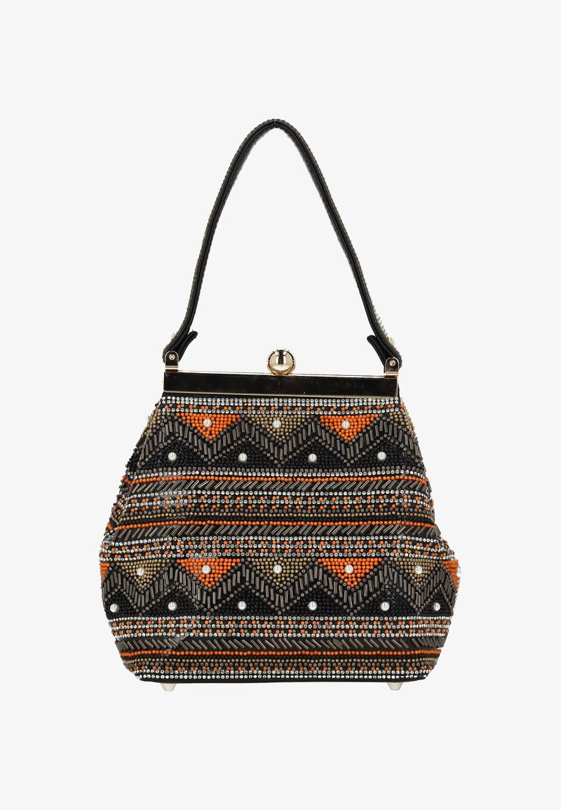 Gyöngyös kézitáska fekete, narancssárga és ezüst háromszögmintával, arany kapoccsal és egy vállpánttal. Texturált felület.