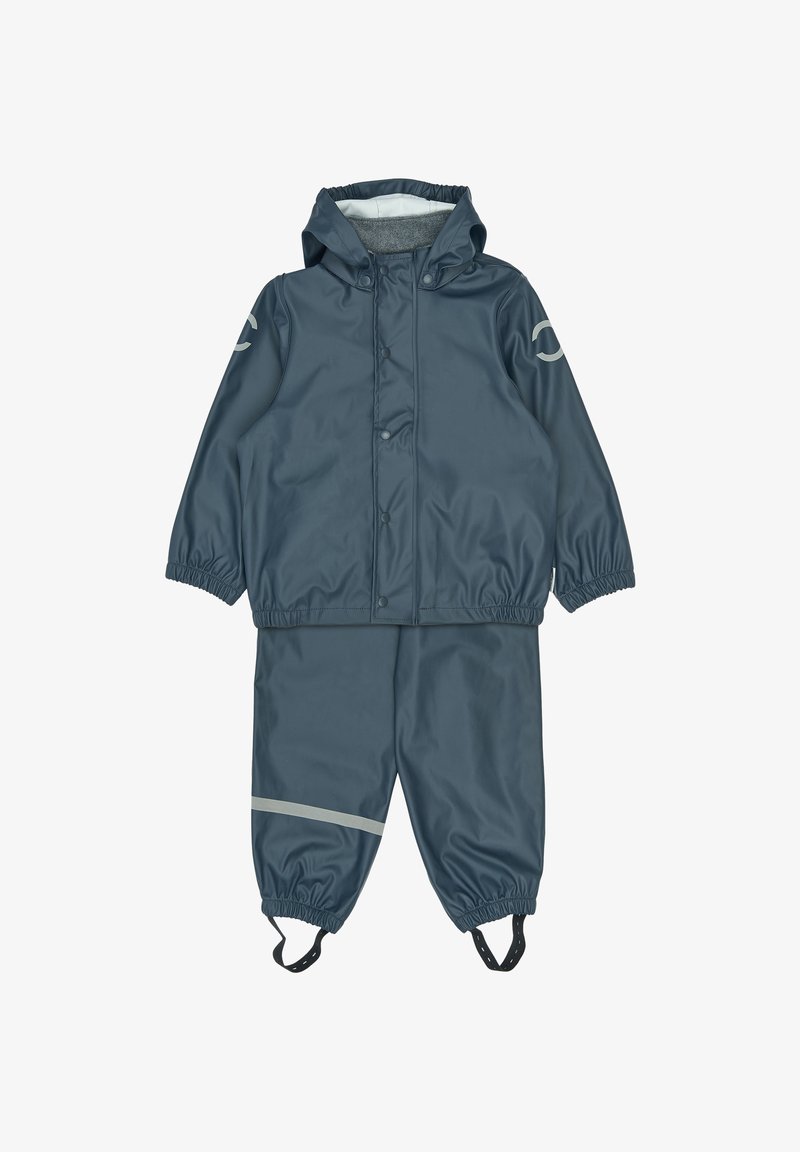 Traje de lluvia impermeable para niños en azul oscuro, con puños elásticos, capucha, cierres de broche y franjas reflectantes en los pantalones.