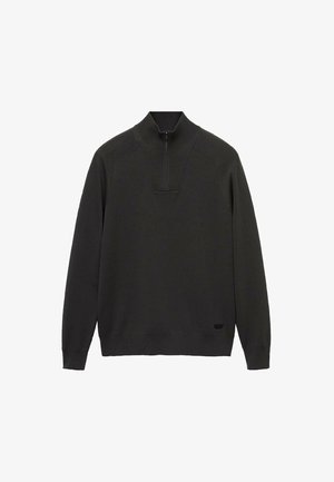 Dunkelgrüner Strickpullover mit hohem Kragen und Halb-Reißverschluss-Design. Verfügt über gerippte Akzente an den Ärmeln und dem Saum, gleichmäßige Textur im gesamten Pullover.