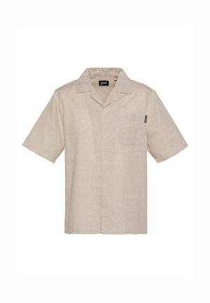 Beiges, kurzärmeliges Hemd mit Knopfleiste, Kragen, Brusttasche und einem kleinen schwarzen Markenschild auf der rechten Seite der Tasche.
