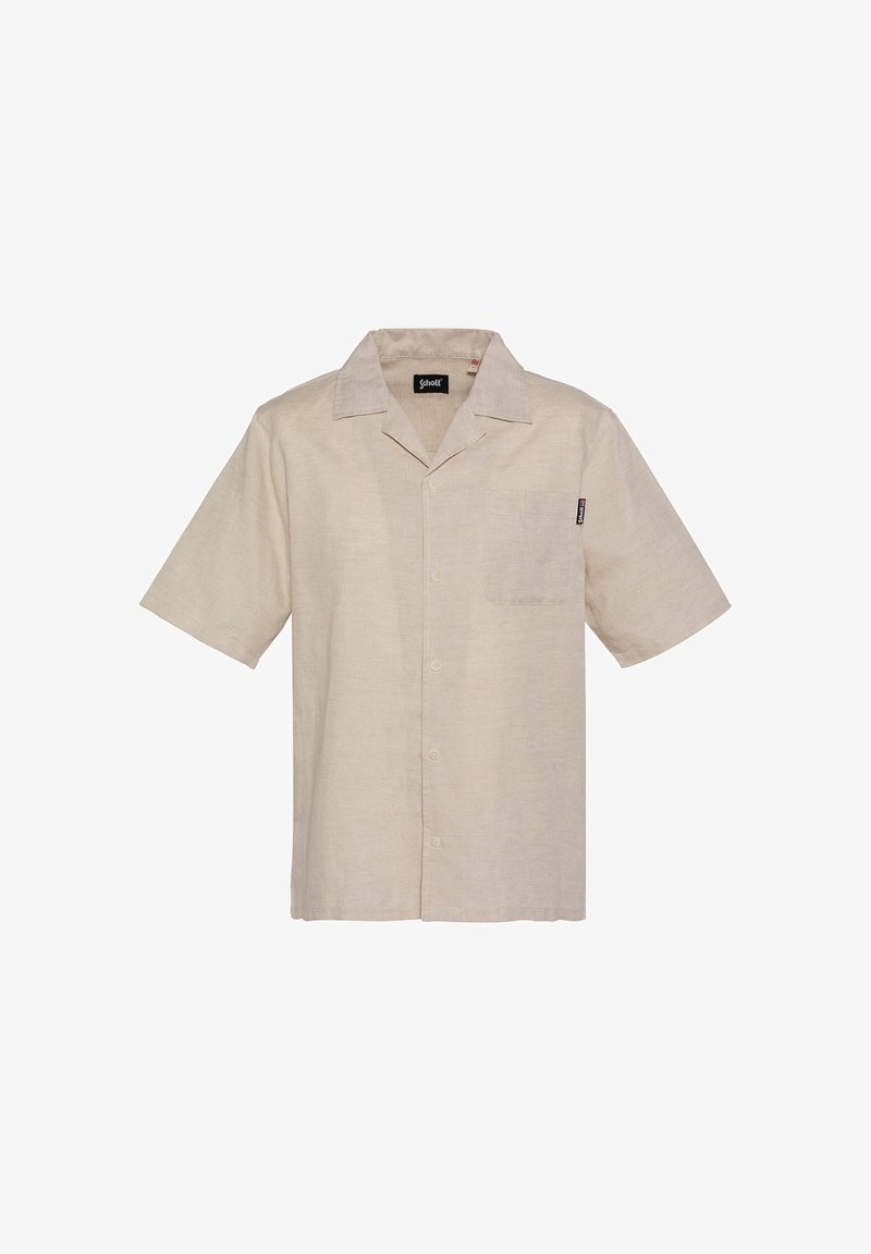Chemise beige à manches courtes avec col, poche poitrine et une petite étiquette de marque noire sur le côté droit de la poche.