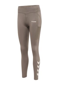 Taupe-farbene Leggings in voller Länge mit Seitentasche, weißem Hummel-Logo am Oberschenkel und weißen Chevron-Streifen nahe dem Knöchel.