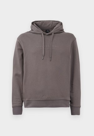 Grå hettegenser med frontlomme, justerbare snorer og brodert logotekst. Laget av myk bomullsblanding.