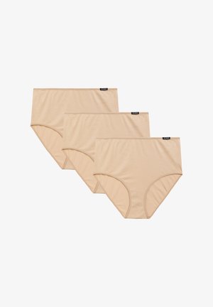 Beżowe majtki high-waisted wykonane z miękkiego materiału, charakteryzujące się gładką teksturą, pełnym kryciem oraz subtelnym logo na pasku.