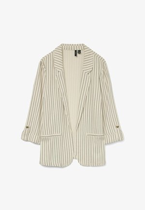 Svītrains bleizers krēmkrāsā un melnā. Iezīmēts ar izgrieztu apkakli, divām priekšējām kabatām un sarullētām piedurknēm ar zelta pogu akcentiem.