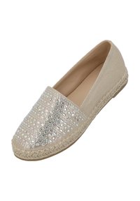 Espadrillas piatte beige con tomaia testurizzata, impreziosite da paillettes in motivi geometrici, con suola in juta intrecciata e fodera in tessuto.