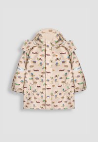 Impermeable beige con patrones de insectos coloridos, botones a presión, capucha y dos bolsillos laterales. Material suave y resistente al agua con mangas elásticas.